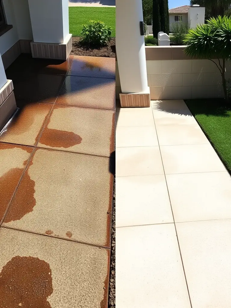 A before-and-after shot of a warehouse floor, showing the dramatic improvement in cleanliness after Lungta's industrial cleaning services.