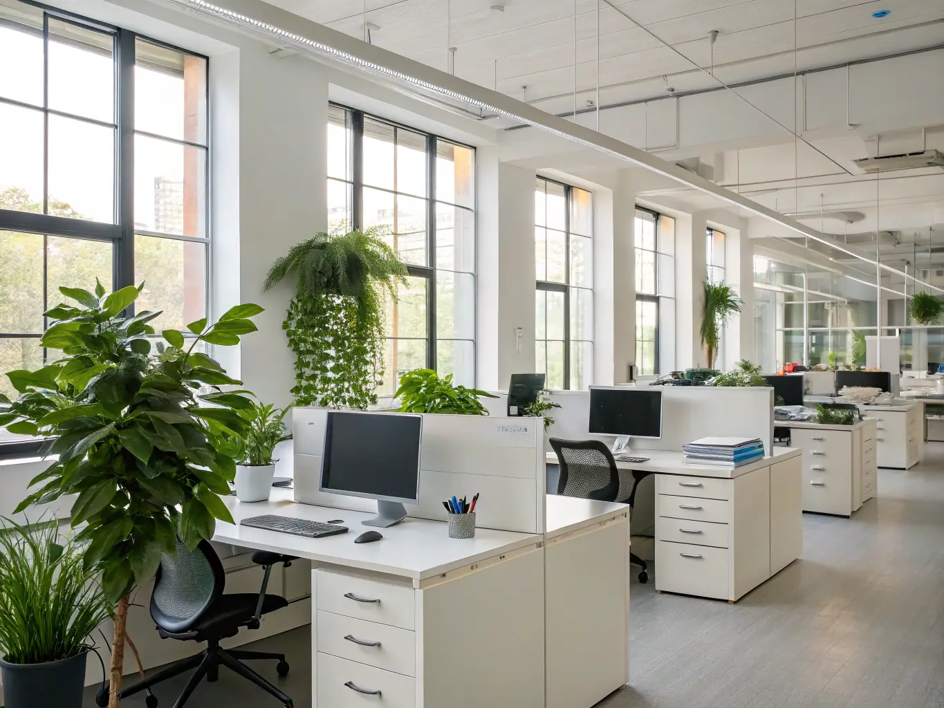 A well-organized and tidy office space within a factory, with workers at their desks and a cleaning crew in the background, illustrating the importance of regular maintenance cleaning for productivity.
