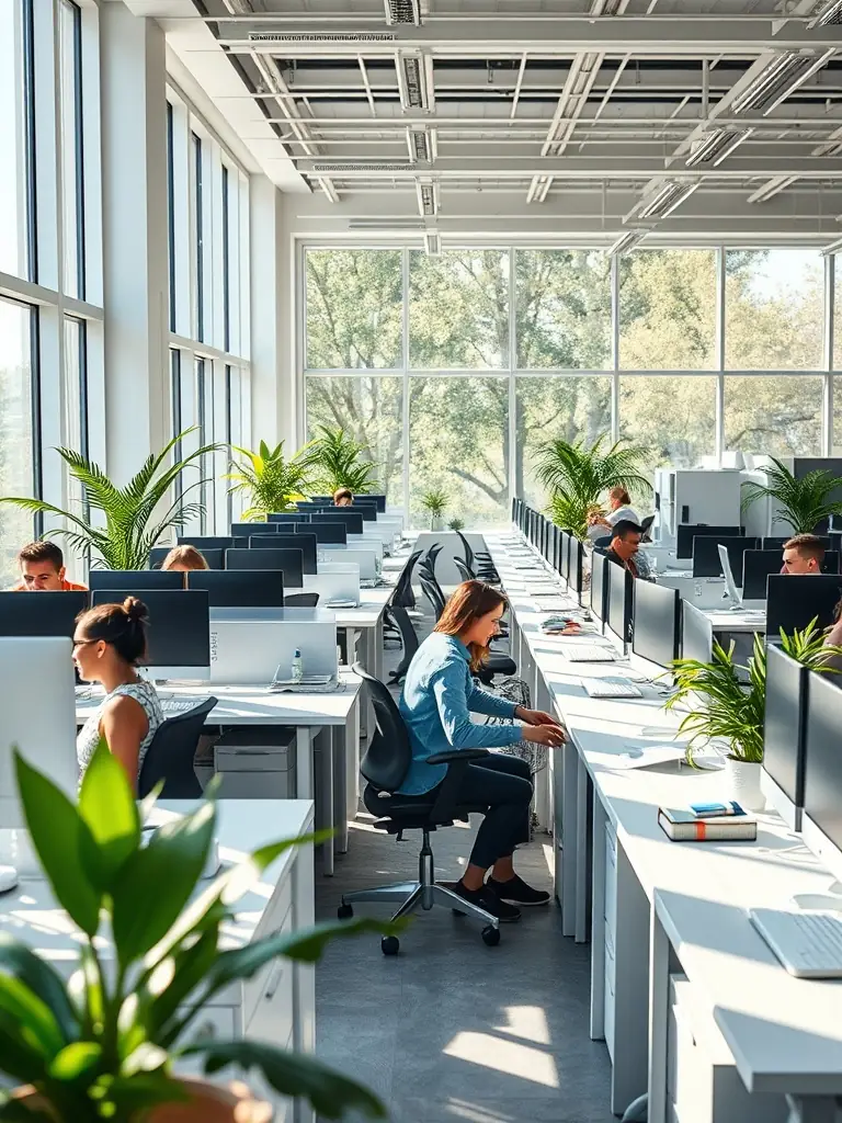 A busy office environment where employees are working efficiently and collaboratively in a clean and organized space, showcasing the productivity boost from Lungta's services.