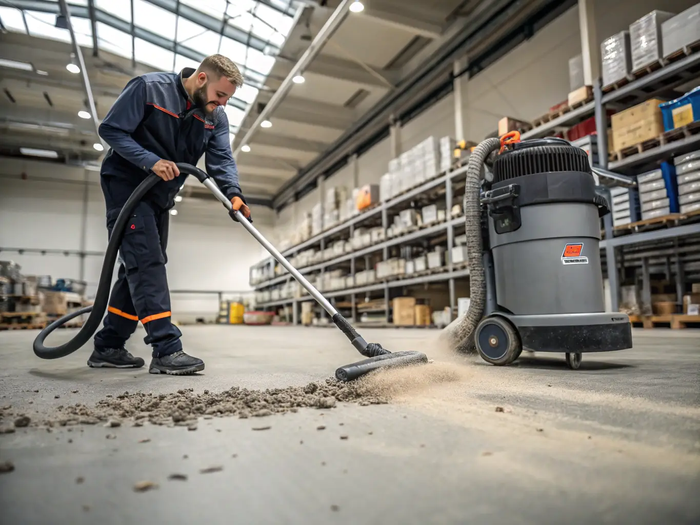 A brightly lit industrial warehouse with a clean floor, showcasing a worker operating a floor cleaning machine, emphasizing the cleanliness and efficiency of specialized cleaning services.