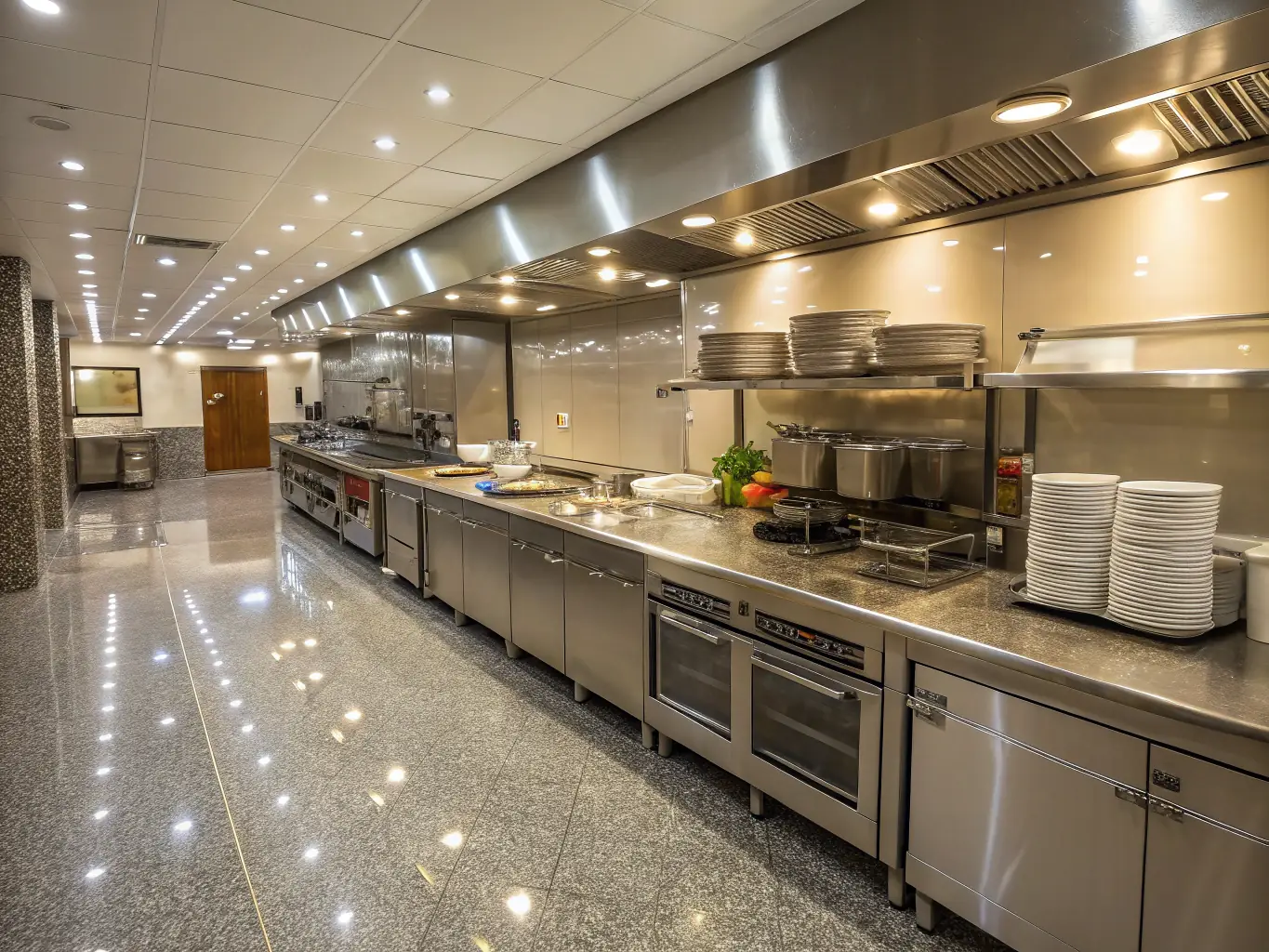 A high-angle shot of a spotless industrial kitchen, highlighting the cleanliness of the stainless steel surfaces and equipment, representing the thoroughness of deep cleaning services.
