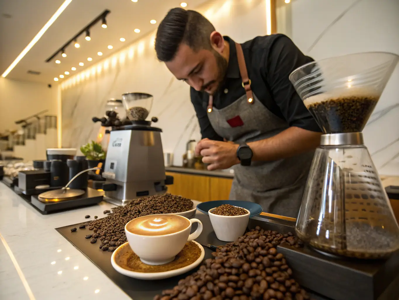 A professional barista preparing specialty coffee drinks at a Lungta-catered event. The barista is dressed in Lungta's branded attire, and the coffee station is equipped with high-quality equipment and ingredients.